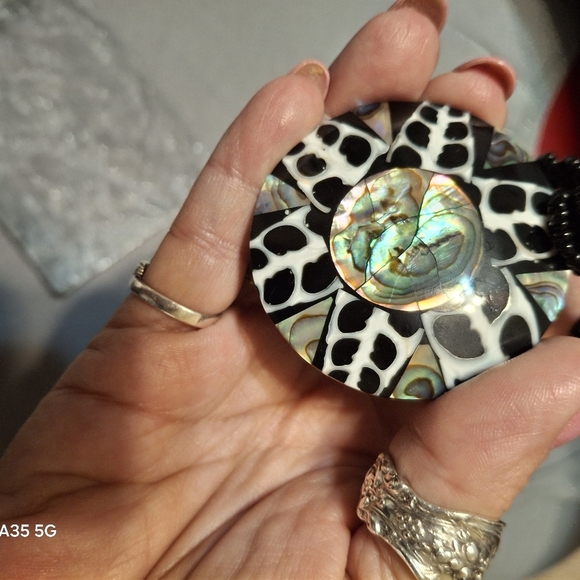 Abalone 2" Necklace Geometric Earrings B/W Round beaded Artisan Design - Picture 13 of 16